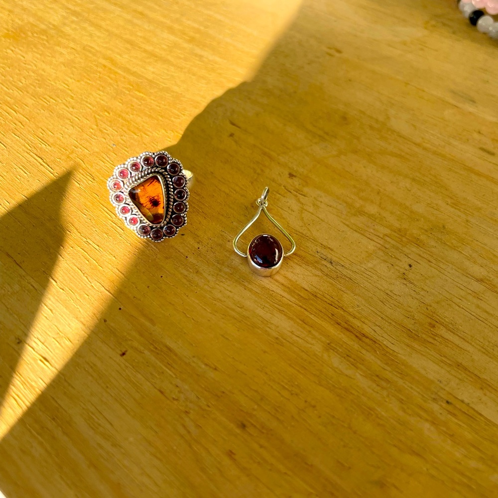 Ring and Pendant set. Sterling Silver. Ring size 8. Amber and Garnet.